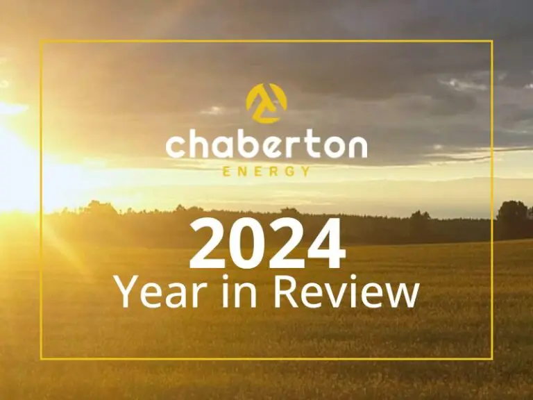 a field of grass with a sunset in the background and the words "Chaberton Energy, 2024 Year in Review"